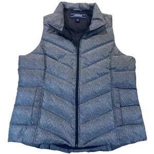 Lands End Womens L Tall Down Puffer Vest Black‎ White Herringbone Zip Front